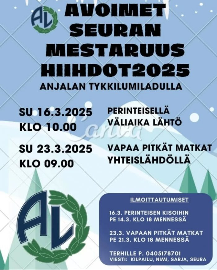 Tulevana sunnuntaina, eli su 23.3., ratkotaan myös KHS:n mestaruudet vapaalla hiihtotavalla. Pitkät matkat. Ilmoittautumiset kutsun mukaisin ohjein Terhille. Tervetuloa!